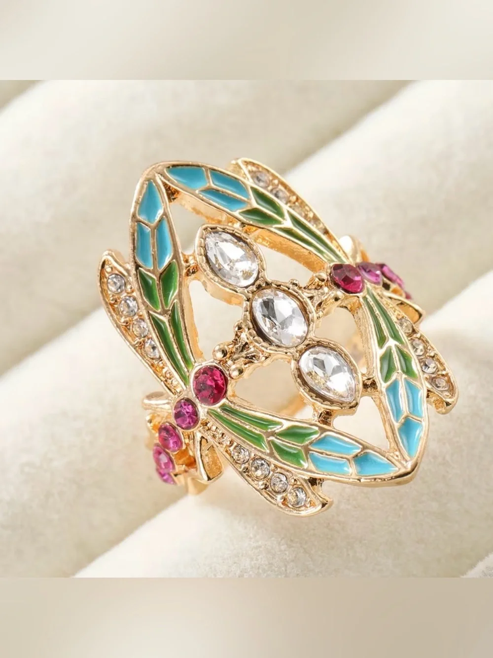 NEW! Vintage Style dragonfly Multicolor Enamel & Crystal Statement Ring